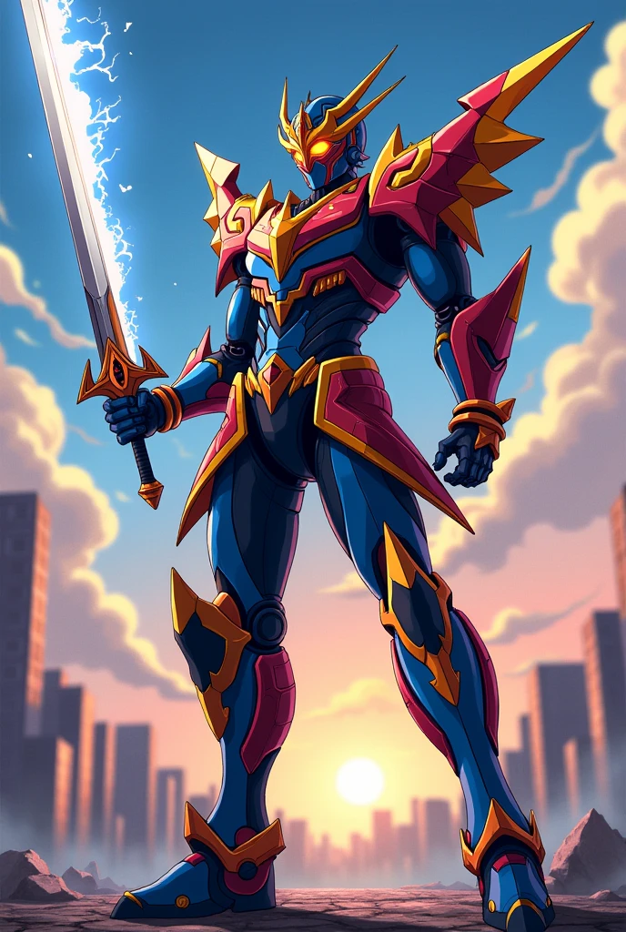 Create anime armor, with a similar appearance somewhat to kamen rider saber, ou kamen rider zero one, and also knights of the zodiac, an armor similar to these, and with a sword in his hand.
Obs: try to do it with an anime drawing style animation