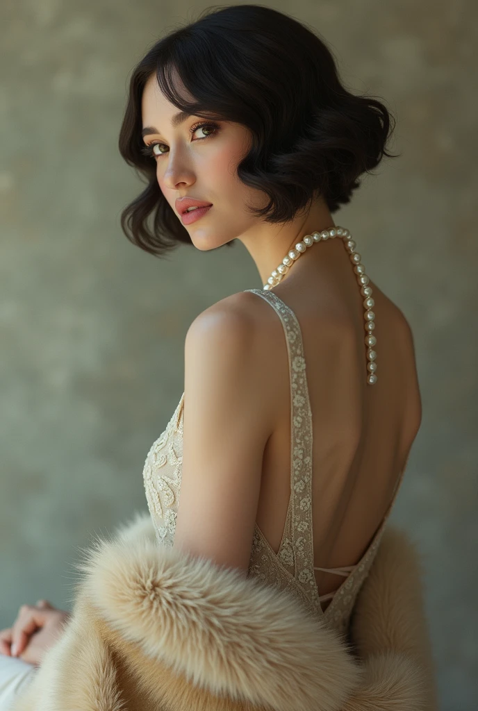 Long dress with pearl necklace and fur in 20s style 