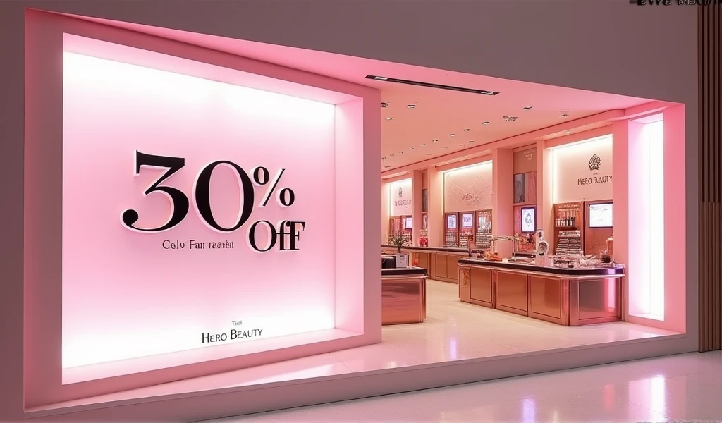 Um banner com nome da loja Hero Beauty com 30% off loja de maquiagem