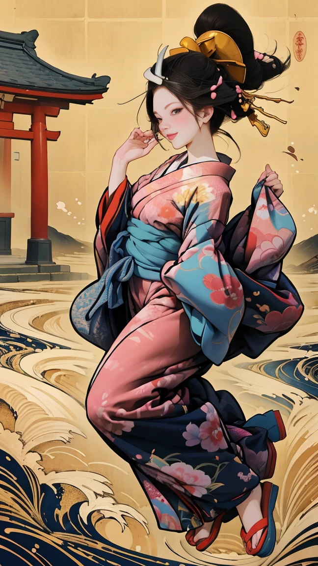 (SeaArt、I create amazing digital illustrations of beautiful women in kimonos)、Beautiful woman smiling and showing her upper white teeth、Vividly colored Ukiyo-e style illustrations、Brown-black long hair、Beautiful full body style、If you want to dance, Dance to the Tokyo Ondo, Good good、Beautiful new digital paintings,、 Bright and vibrant digital anime art、Beautiful anime portraits、The background is the torii gate of a Japanese shrine..、Detailed digital anime art、
