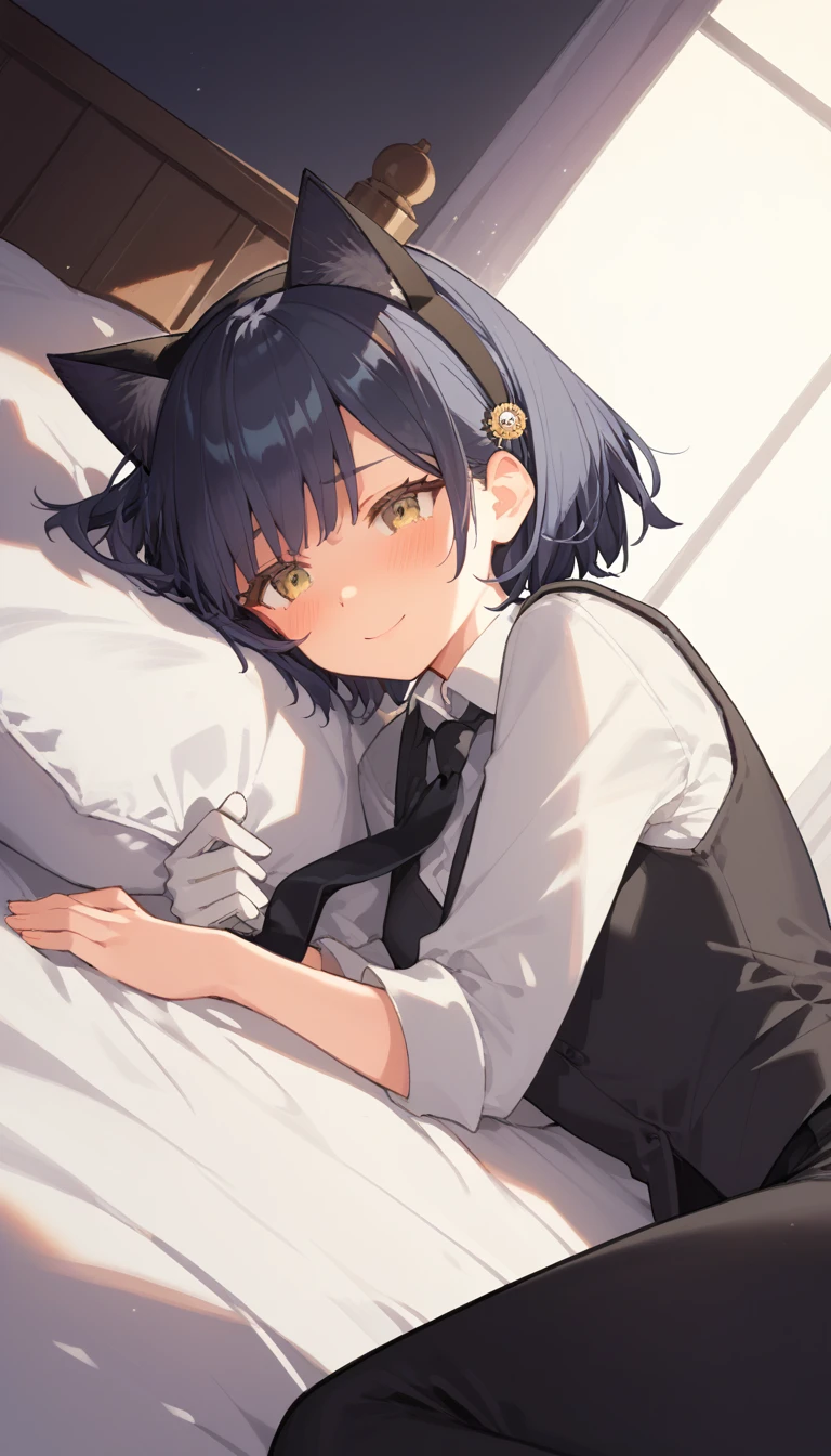 score_9, score_8_up, score_7_up, source_anime, 1girl, yellow eyes, room, wariza, medium hair, pixie bob haircut, dark blue hair, portrait, starshadowmagician, solo, Adult woman, best perfect anatomy, thin, curvy body, flat breasts, curvy body, close up shot on person, a woman showing embarrassment, shy face, blush, light smile, (lying down, hand between her legs), mature woman laying prone on bed, wear cat ear headband, white shirt, black tie, format black vest, Long-sleeved shirt, white format gloves, black trousers, dynamic angle. perfect dynamic composition, foreshortening, night days, volumetric lighting, dark hotel bedroom background,