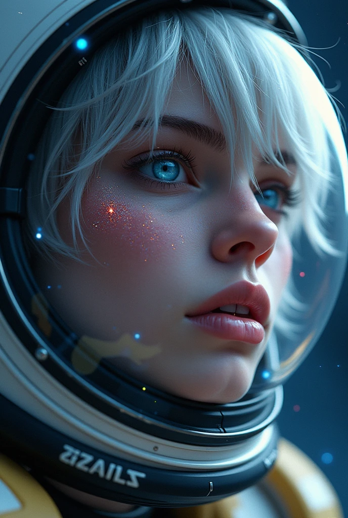 (Close-up of a better masterpiece:1.5)0.9], (Space and astronauts:1.2) (Messy silver hair:1.1) (Heterochromia xanthochromia and blue eyes:1.2) (Space Helmet:1.0) (Colored stars in the eyes:1.0) (A radiant glow:1.1) (thick lips:0.9)