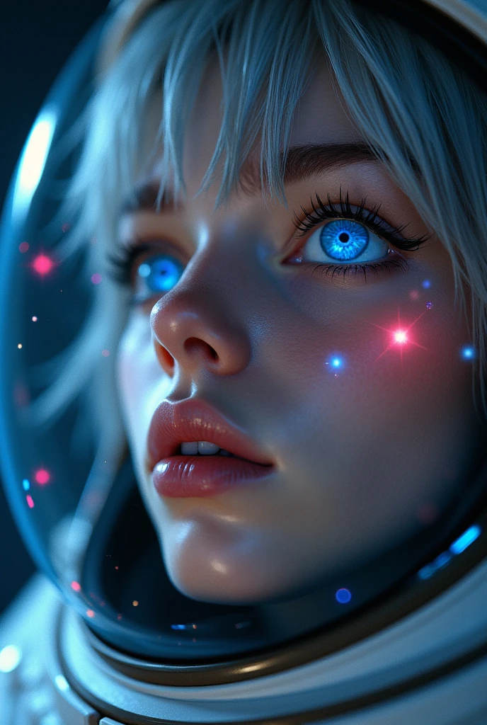 (Close-up of a better masterpiece:1.5)0.9], (Space and astronauts:1.2) (Messy silver hair:1.1) (Heterochromia xanthochromia and blue eyes:1.2) (Space Helmet:1.0) (Colored stars in the eyes:1.0) (A radiant glow:1.1) (thick lips:0.9)