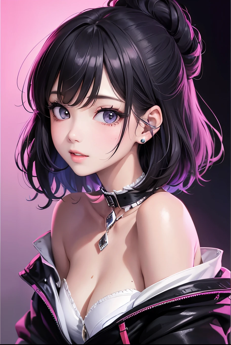 masterpiece, best quality, highly detailed, high resolution, expensive resolution, high resolution, 4k, 8k, uniform 8k wallpaper, highly detailed CG, masterpiece, 2d, 3d, beautiful details, depth, fine texture, best quality: 1.3, perfectly focused, sharp. skin, him, very cute anime girl, her name is Mei, medium hair, K-pop idol style, sexy princess dress, expensive bob hair, mole under eye looking at the viewer, expensive, blush, mole, open lips, pink eyes, heart shaped choker, smiling face