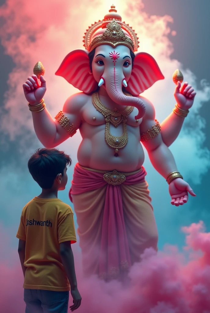 Colorful smoke 
ganesh with  a boy on the teshirt name Jashwanth ai image genarete