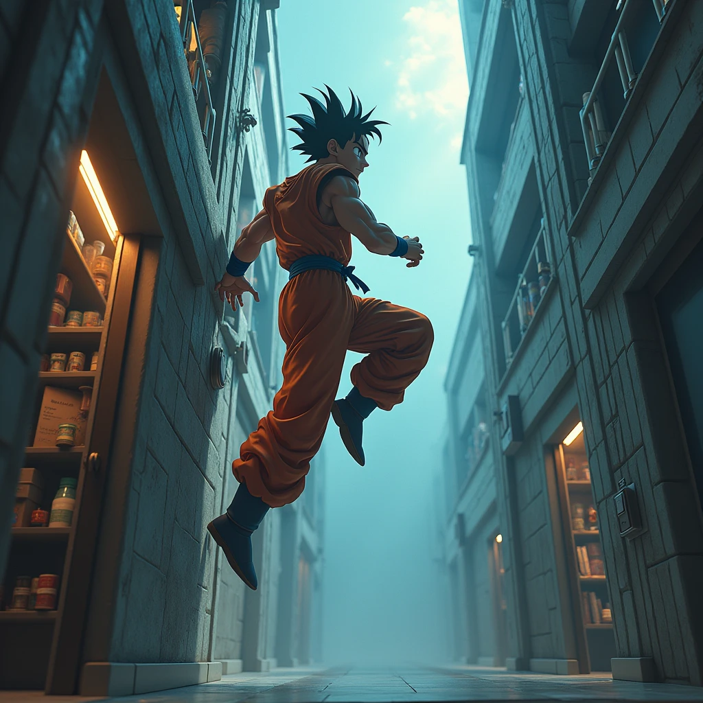 Goku is in training in his private room. Instead of doing the usual, decide to try something different. Using his ability to manipulate ki, Start walking along the wall as if it were the floor. as it moves forward, Watch your room transform before your eyes from this new perspective. How does it feel to defy gravity in this way?? What new observations do you make of your surroundings and how do you adapt to this unique experience?