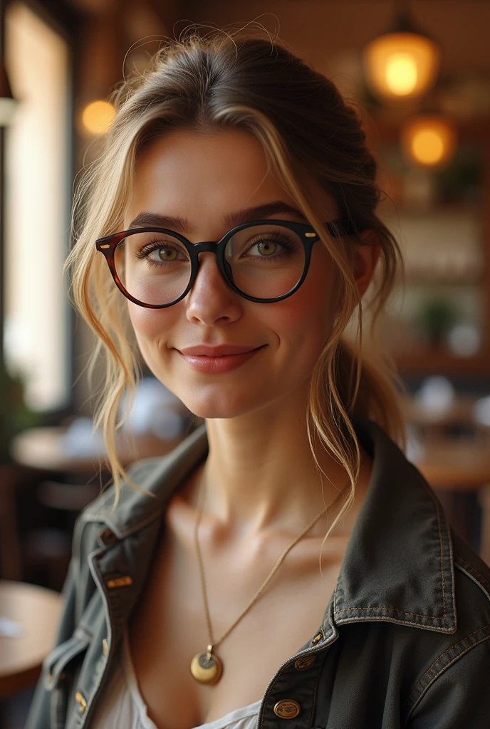 sexy balkan student, pale white skin, honey eyes, low messiy pony tail, glasses, smiling in a cafe in florence