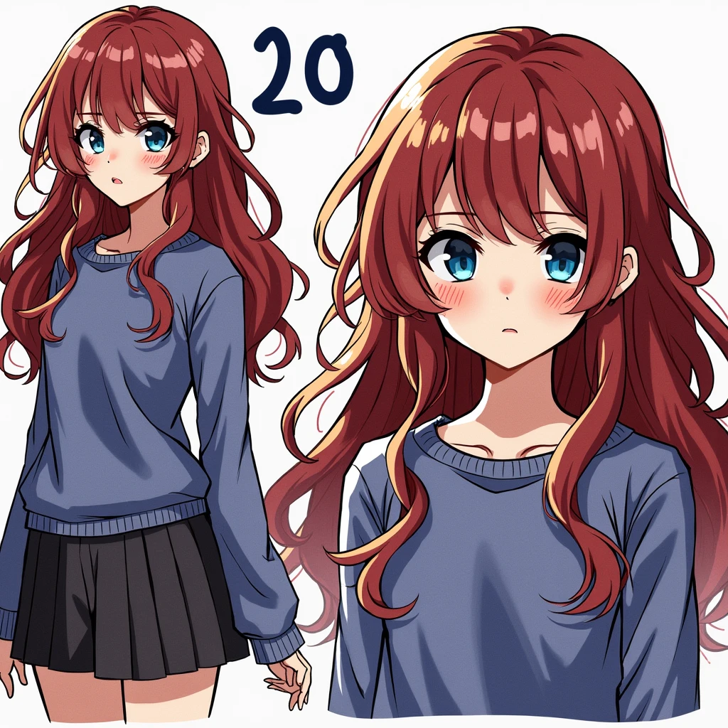 20 year old girl with dull red hair and blue eyes. his complexion is white, but not so pale. He wears a light sweatshirt, a skirt-shorts and comfortable tennis shoes. 
