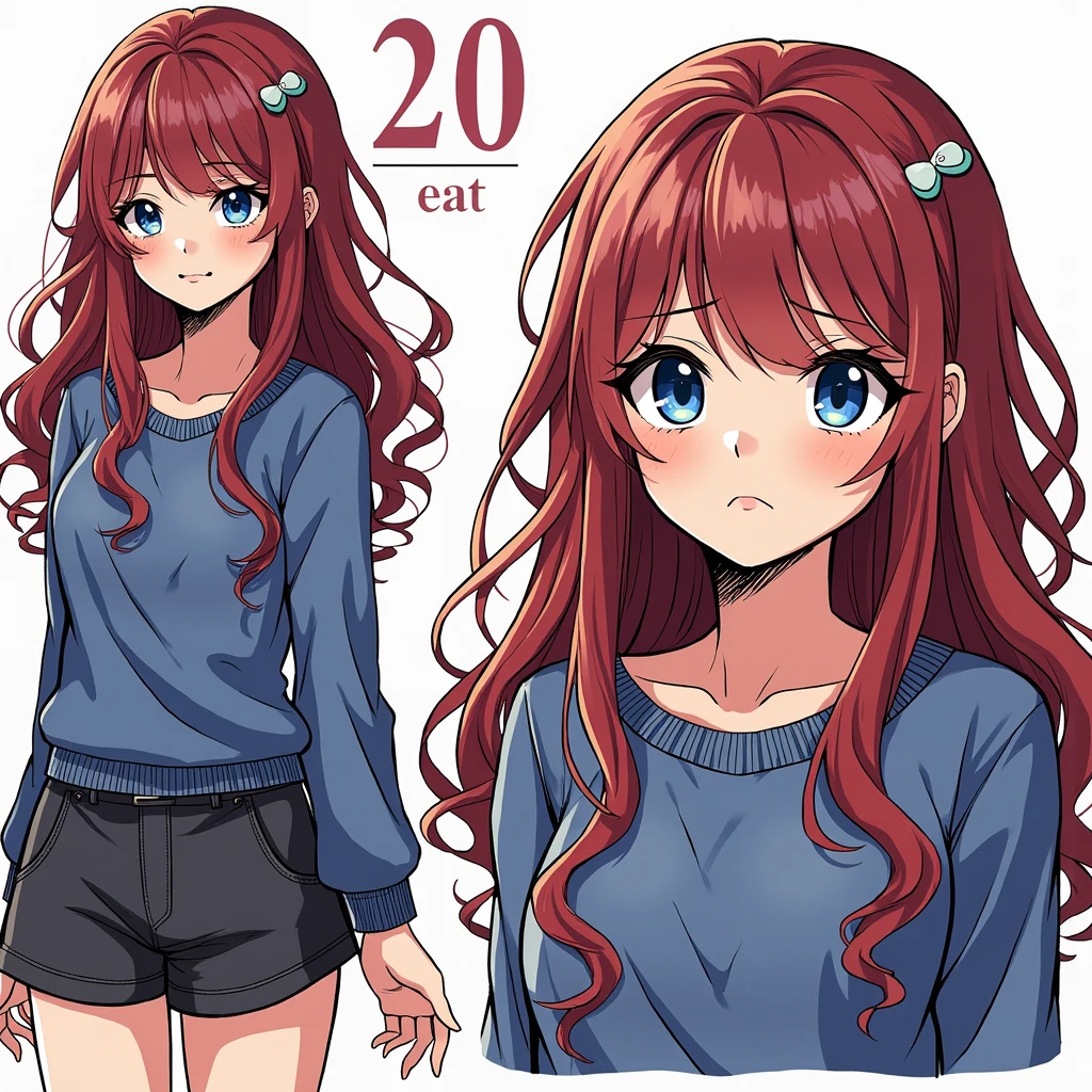 20 year old girl with dull red hair and blue eyes. his complexion is white, but not so pale. He wears a light sweatshirt, a skirt-shorts and comfortable tennis shoes. 