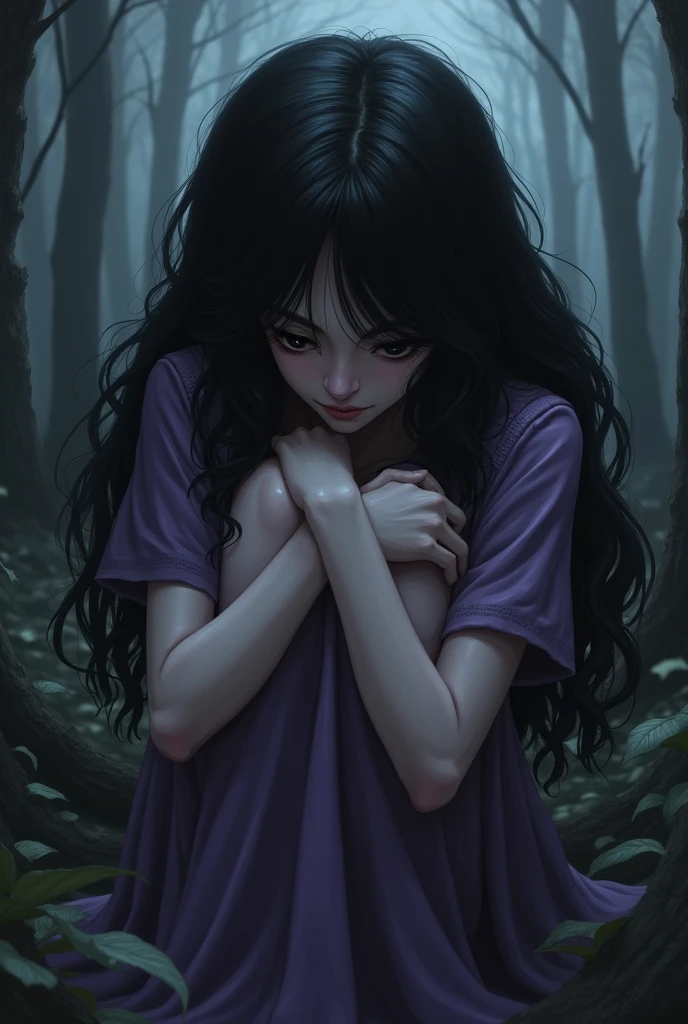 A girl -1 with log wavy black hair reaching behind her black eyes, usually wearing a purple overall or dress, sitting curled up and between her face and her knees is a dark force. Dark nature, her hair is long and covers her right eye.