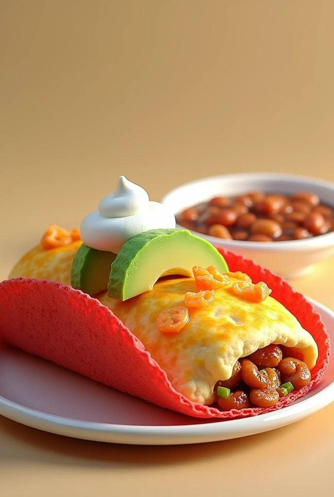 quesadillo with red tortilla , that the shape is not like a taco but rather like a flattened quesadilla ,the image a little animated and put cream and avocado on top and some beans next to it