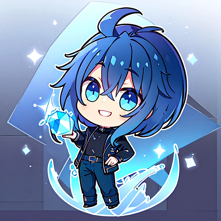 handsome anime boy, Beautiful blue eyes like diamonds, hair blue like the sea, his face carved by the angels themselves, a black leather jacket, a pair of jeans, pure black leather shoes,  naked showing his penis, regular size, a beautiful and bright smile, no furry, very cute gay nudes, kiss.