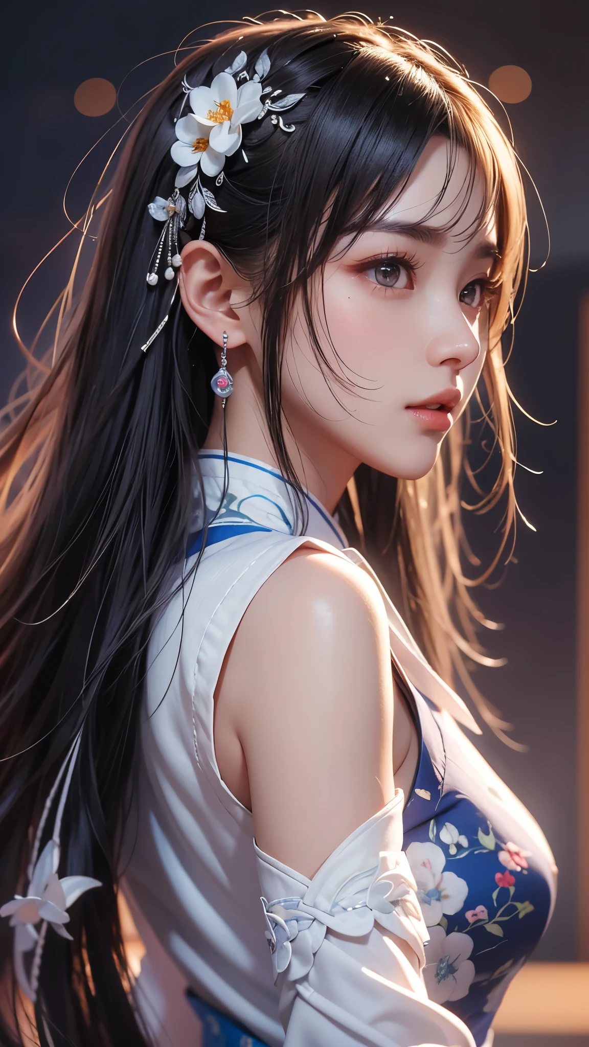 masterpiece, Highest quality, Very detailed, Facing the camera, complicatedに詳細なSuper detailed, Realistic, Sharp features, Very detailed, Sharp focus, Perfect Face, Perfect Face, Perfect symmetrical perfect eyes, Perfect Plump Lips, Flexible female form, Cinematic, Film Light, Super detailed, hyper Realistic, masterpiece, Atmospheric, High resolution, Vibrant, Cheongsam Girl，Long Hair，Pure white background，Depth of written boundary，Low angle view，Calf Level View，Overclocked Renderer，Cinema Lighting，Ultra-fine，Very detailed，complicated，Cinematic Perspective，CG Art，Side zipper