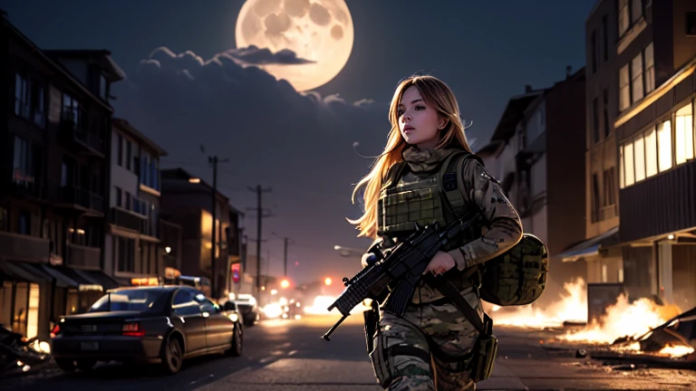 Listener-realistic、Realistic skin texture、realistic automatic rifle、High resolution、High resolution、Arabian woman in camouflage uniform、1 very beautiful female soldier、Blonde medium-long hair、Shouting with their mouth wide open、Carrying a military backpack、He has an AK74 rifle、Wear a bulletproof vest、In the background is a burning building、smoky battlefield、The background is the night sky、There is a huge full moon in the center of the sky、Many living dead are walking behind the woman、The person is a full-body angle、Walking towards here、Observe the audience、is watching、