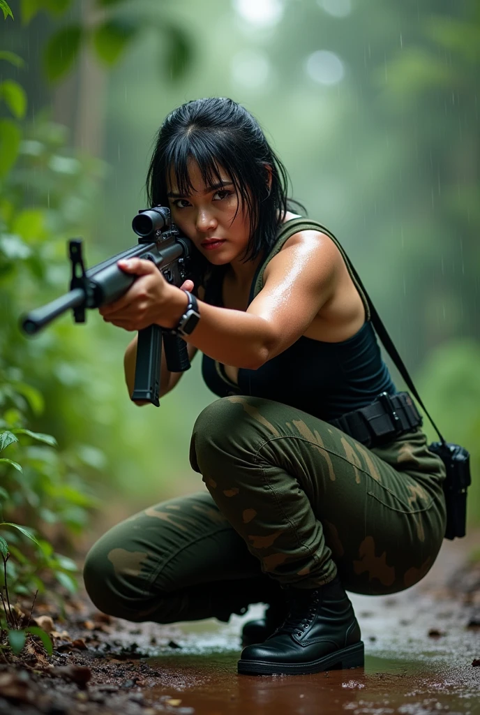 A beautiful indonesian women, a bit chubby, huge breasted, wet tied bobcut hair, wear wet tanktop, wear wet tactical camouflage pant, tactical boots, holding a m16 gun, serious face expression, kneel on dirty land andn aim the target in the jungle under the rain, realistic photography, natural light,