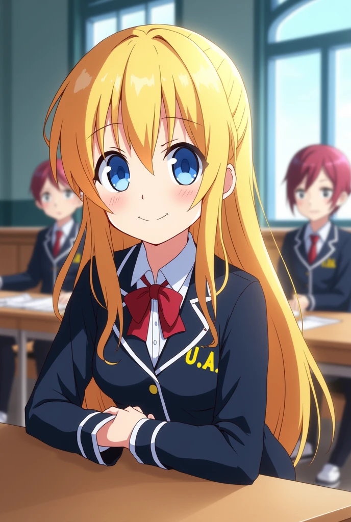 Screenshot of my hero academia.
Girl with straight blond hair,He has foreshadowing blue eyes and has a cheerful expression.He is wearing the UA uniform,In the background she has a UA school class and she is sitting leaning on a table 
