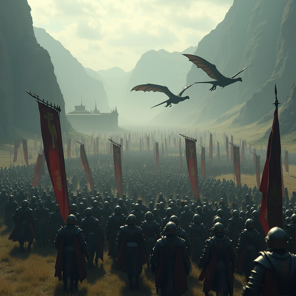 /imagine the aerial view shot of a vast realistic intricately detailed medieval fantasy army of millions of armored knights. Thousands the front knights are mounted on heavily armoured medieval horses, while marching rest of the army are just wielding spears and shields or swords and shields,  some realistic intricately detailed armored knights amongst the army of the knights are holding realistic intricately detailed diverse medieval fantasy banners/flags, they are valiantly marching through a vast dimly sunlit dark misty valley of pale yellow grass featuring a medieval fantasy kingdom with high walls surrounding it carved into the mountains in the distant background and giant realistic intricately detailed black wyverns with enormous wingspans flying high in the the air over the army : cinematic lighting, dynamic lighting blends seamlessly with natural light, ultra HD resolution, photography, photorealistic quality, high details, dark grey monochromatic atmospheric color grading, extreme dark grey atmospheric haze/fog, foggy ambience/atmosphere, realistic.