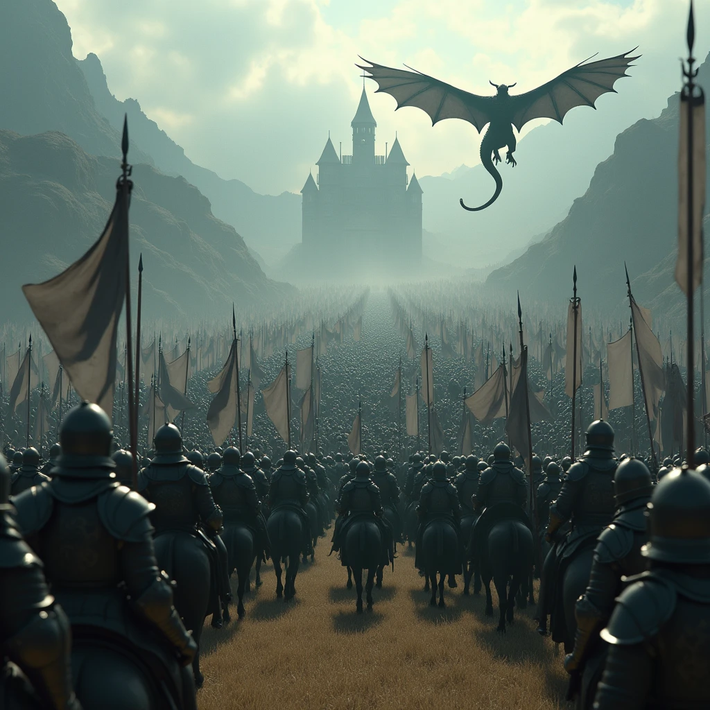 /imagine the aerial view shot of a vast realistic intricately detailed medieval fantasy army of millions of armored knights. Thousands the front knights are mounted on heavily armoured medieval horses, while marching rest of the army are just wielding spears and shields or swords and shields, some realistic intricately detailed armored knights amongst the army of the knights are holding realistic intricately detailed diverse medieval fantasy banners/flags, they are valiantly marching through a vast dimly sunlit dark misty valley of pale yellow grass featuring a medieval fantasy kingdom with high walls surrounding it carved into the mountains in the distant background and giant realistic intricately detailed black wyverns with enormous wingspans flying high in the the air over the army : cinematic lighting, dynamic lighting blends seamlessly with natural light, ultra HD resolution, photography, photorealistic quality, high details, dark grey monochromatic atmospheric color grading, extreme dark grey atmospheric haze/fog, foggy ambience/atmosphere, realistic.
