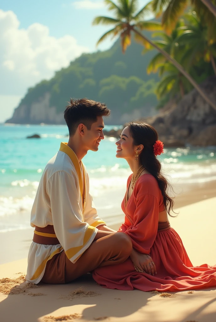 A 20 years old handsome boy , and a gorgeous girl both are sitted on the beach in nature and loving to each other in the traditional costume 