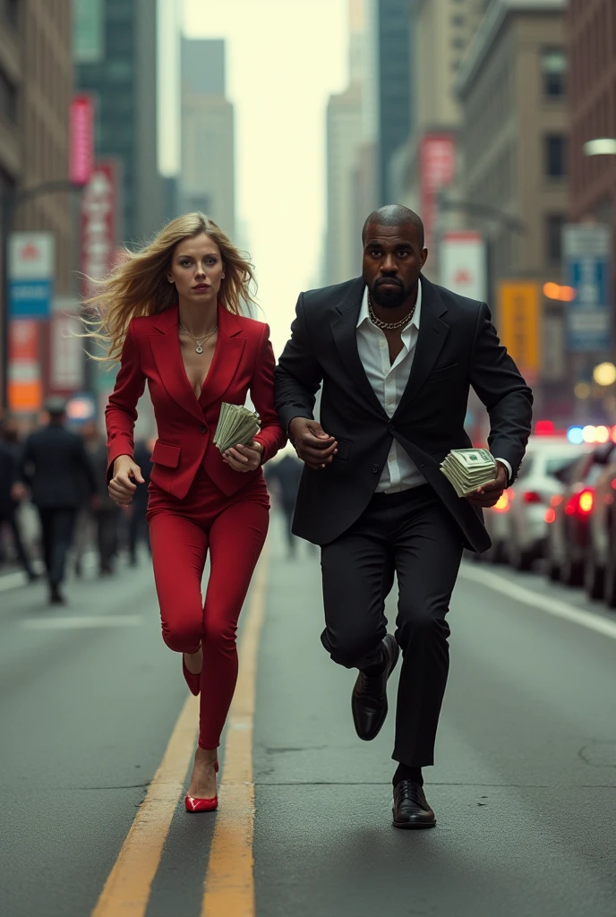 Kanye West and Taylor Swift running with money in their hands while being pursued by the IRS for tax evasion