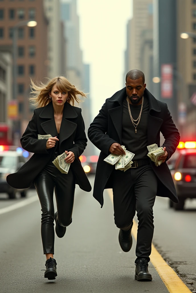Kanye West and Taylor Swift running with money in their hands while being pursued by the IRS for tax evasion