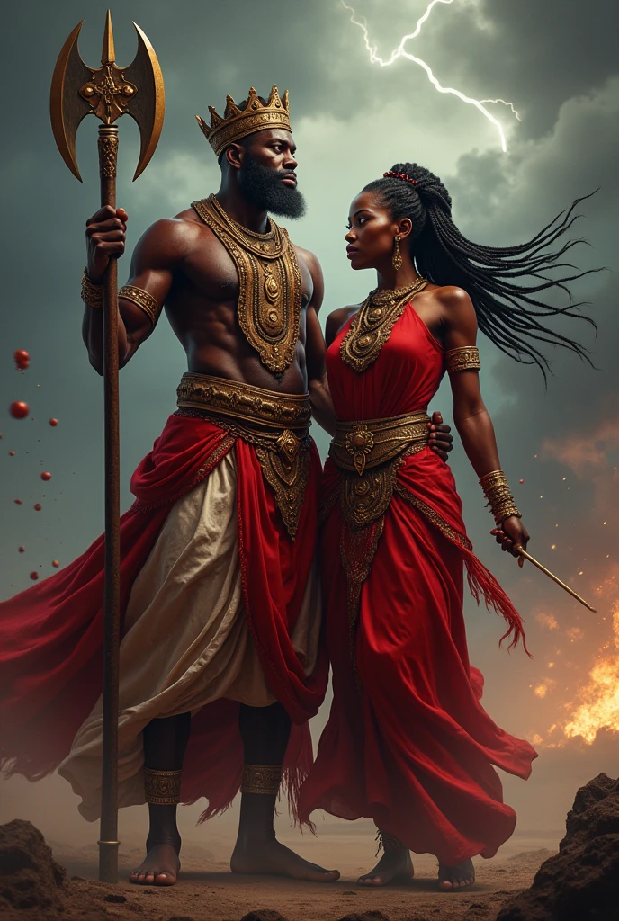 Crie uma imagem realista de Shango e Iansã juntos. Shango, a strong man with very short hair, is wearing a king&#39;s crown and wearing traditional African attire in red and white colors. He holds a double-edged axe, symbolizing his strength and justice, with an expression of authority and wisdom. Next to you, Iansã, a powerful and determined woman, wears vibrant red clothes. She has long, well-defined braids, and holds a ponytail fan (iruexin), with her hair flowing in the wind. The background should reflect a stormy environment, with dark clouds and lightning, capturing the powerful and indomitable energy of this divine couple