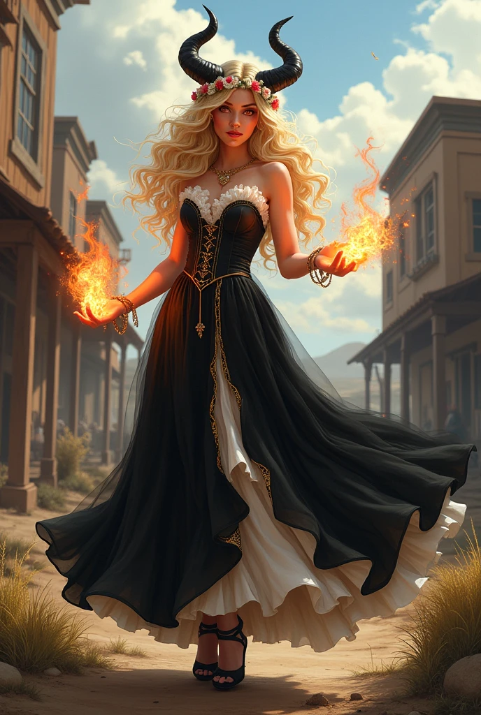 I would like a woman with voluminous white pink ,curly hair with white tips. She has black horns on her head with a flower crown around them, red eyes, and a beautiful face. She is wearing a black long dress with white ruffles and gold details, high heels, and holding fire in her hands.I would like it to be in a mature style, with the art in a fantasy and RPG style set in the Old West.