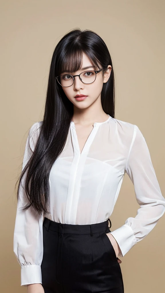 Raise a 20 year old girl, English Teacher, short dark hair, with bangs across forehead, with a mix of mysterious and extroverted, wearing black glasses, clear clothing, with Brazilian physiognomy, round dark eyes, smile with braces marks, face a little rounded but at the same time angelic