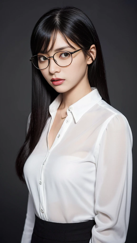 (Highest quality:1.5), (Real:1.4), (Ultra high definition:1.4), (No correction:1.4), (skinny Japanese woman with average size breasts standing front plain background in studio), (A woman wearing black-rimmed glasses), (Very small eyes), (breasts of average size), (Average height), (Bangs that hide eyebrows), (Long black hair), (Dark personality expression), (White long sleeve blouse), (Black slacks), (black hair woman is standing with white blouse and black slacks front plain background in studio), (woman viewed from the front), (Plain background), (Cowboy Shot), (Cold expression), (upright), (A woman with long black hair and glasses), (Bangs that cover the eyebrows), (Sharp and tiny eyes)