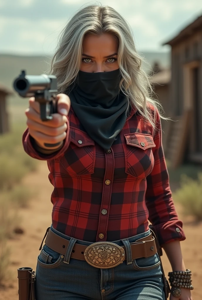 (photorealism:1.2), 1899, western, well travelled Silver Haired woman, red plaid shirt, denim pants, silver green eyes, aiming a gun, angry, black bandana over her lower face