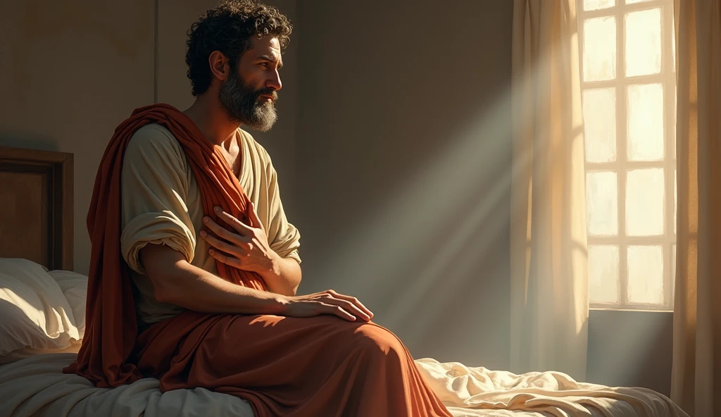 Marcus Aurelius sitting on the bed, with one hand on his chest, with a soft dawn light coming through a window. His expression is calm and grateful., as if he were becoming aware of his own existence.