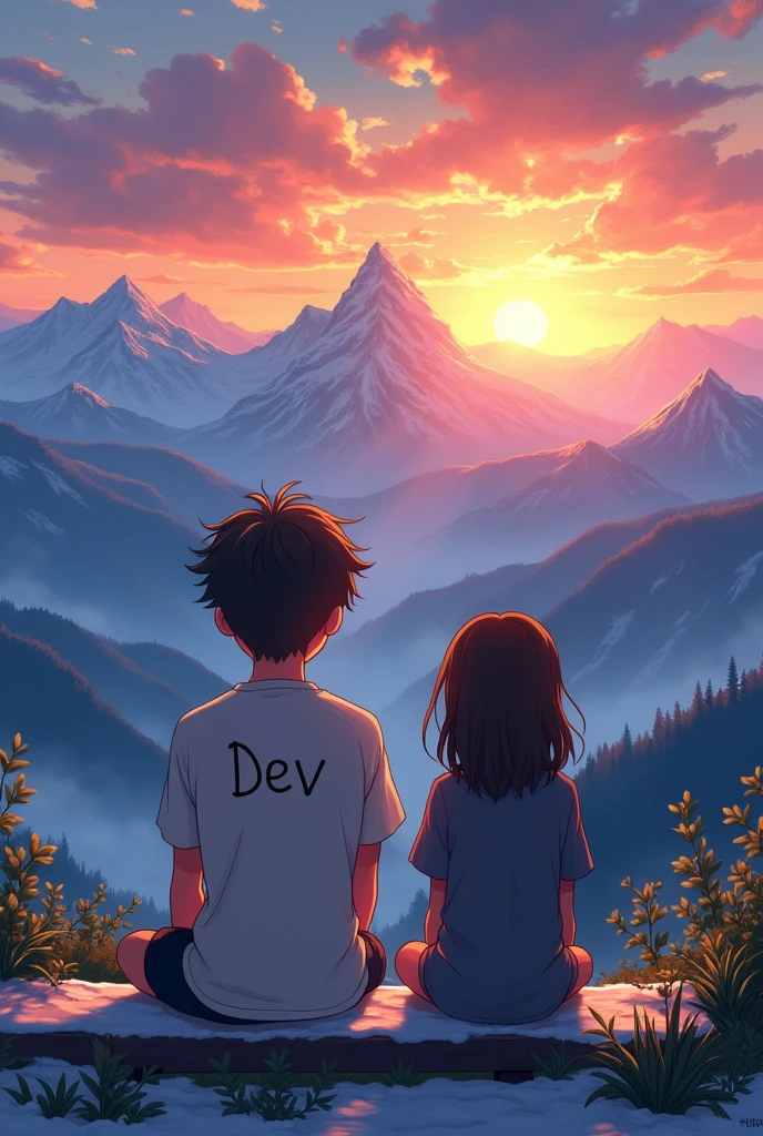 Sunrise over snowcapped mountains, a anime character boy and a girl is sitting in a bench and mention the boy name is DEV which is written in his tshirt.make 9:16 image full screen 