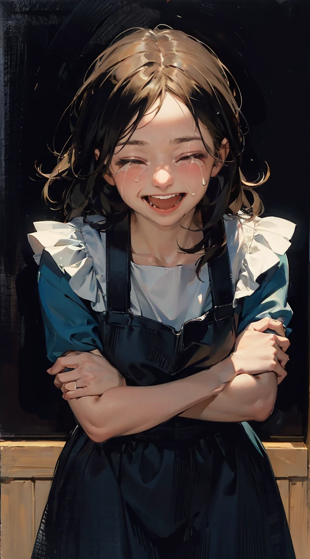 (masterpiece : 1.4), best quality.
high quality, 1girl, Big laugh, closed eyes, smile, tears at the corners of the eyes, {leaning forward},{},crossed_arms
