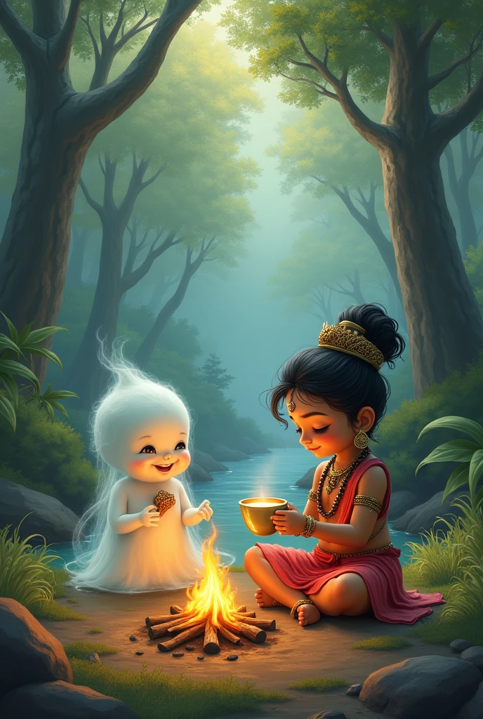 Image in which cute hindu god and ghost drinking coffee together in th forest with bonfire in morning

