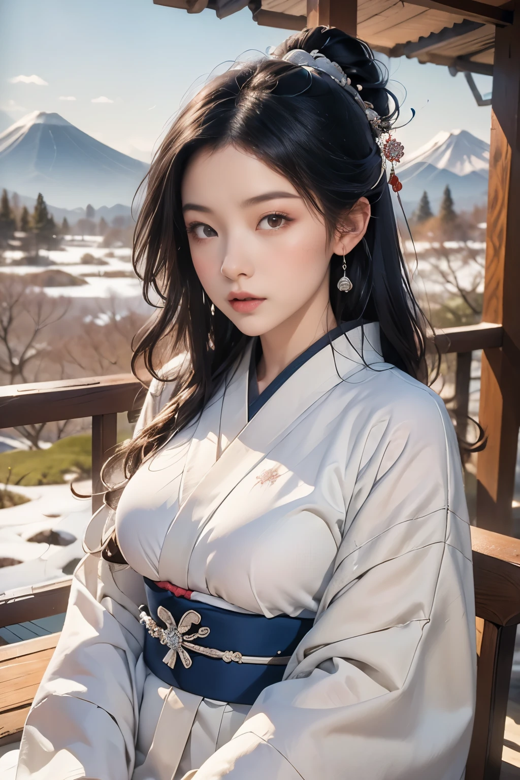 masterpiece、Top quality、realism、Realism、Against the backdrop of the deep blue sky，Beautiful scene of snowy mountains and frosted trees in midwinter、Mist flowing between snowy mountains、Frosted tree々Beautiful long silver haired spiritual woman in pure white Japanese kimono cuddling