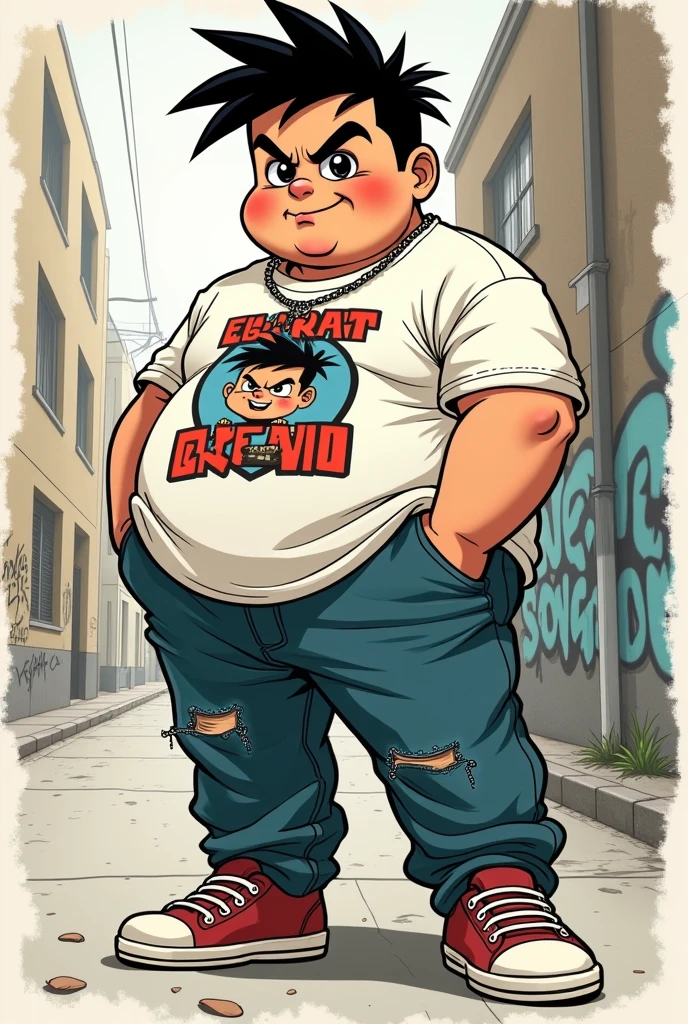 Manga style drawing of an overweight boy, Argentinian turro