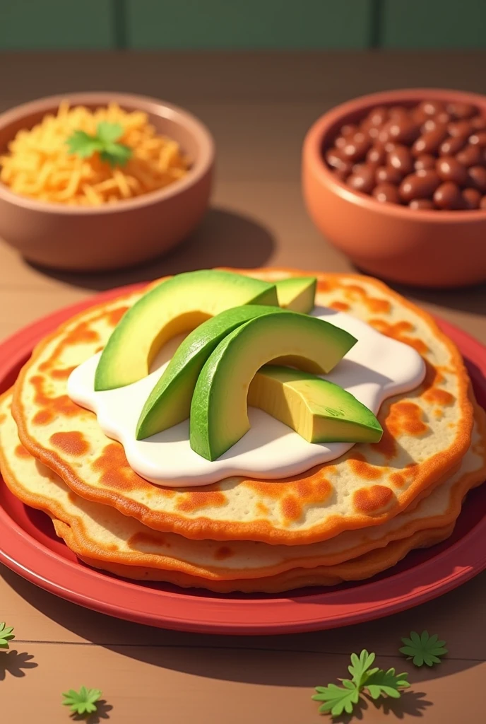 Quesadillo with the Mexican red tortilla , that the shape is not like a taco but rather in the shape of a flattened quesadilla and that the quesadilla is closed ,the image a little animated and put cream and avocado on top and some beans next to it
