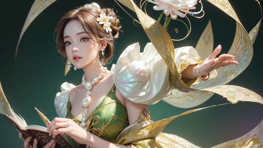 32K, 最高quality, 最高masterpiece, (ultra-Detailed Background, Detailed Background), High resolution, Super detailed, Very detailedな, 1 personの, (bouquet:1.3), (Tangled:1.2), (Geometric:1.2),(colorful),(masterpiece, quality, best quality, Official Art, Beautiful and beautiful:1.2), (1 person:1.3), Very detailed,(colorful:1.1)(Flowers:1.3),Most detailed,(Tangled:1.2), whole body, (Abstract background:1.3), (Skin glows), (Many colors:1.4), ,(Earrings Pearl:1.5), Pale yellow-green background, It's imaginative., Brunette Hair, Updo, Holding a book, Holding a pen, Satin shirt