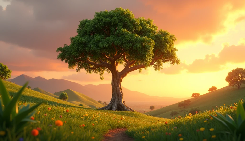 a 3d pixar animation style of an amate tree in the middle of the country side of el salvador during golden hour