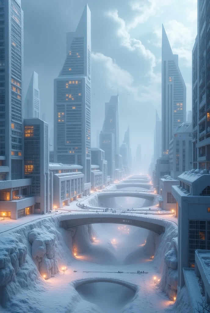 Modern city, The entire city is a snow sculpture, (Blizzard, dark), City Lights, only artificial objects