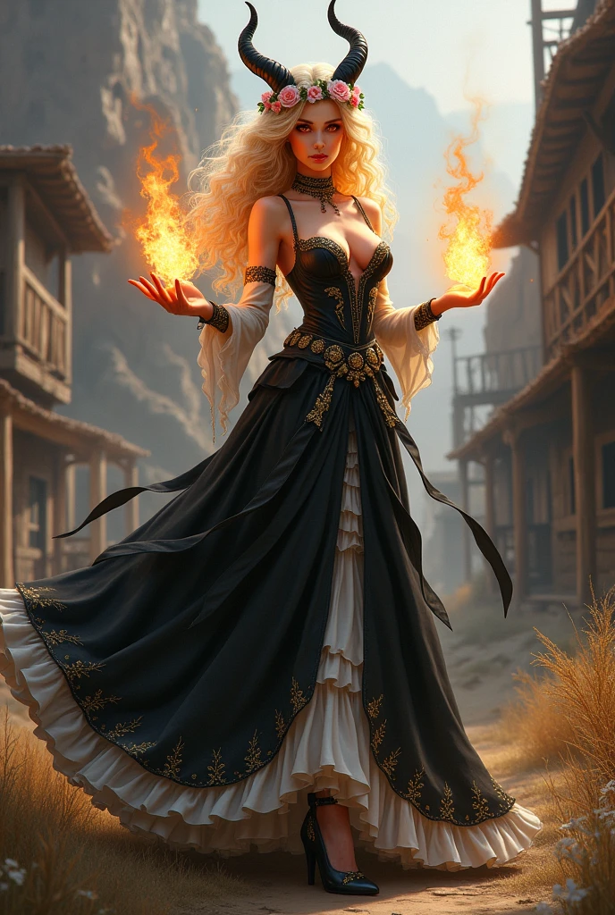 I would like a blonde woman with voluminous, curly hair with white tips. She has black horns on her head with a flower crown around them, red eyes, and a beautiful face. She is wearing a black long dress with white ruffles and gold details, high heels, and holding fire in her hands.I would like it to be in a mature style, with the art in a fantasy and RPG style set in the Old West.