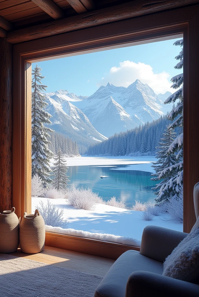 a beautiful snowy landscape view from the window of a cabin, (best quality,4k,8k,highres,masterpiece:1.2),ultra-detailed,(realistic,photorealistic,photo-realistic:1.37),HDR,UHD,studio lighting,ultra-fine painting,sharp focus,physically-based rendering,extreme detail description,professional,vivid colors,bokeh,landscape,winter,snow,mountains,pine trees,frozen lake,cozy cabin,warm lighting,frost,icicles,peaceful,serene