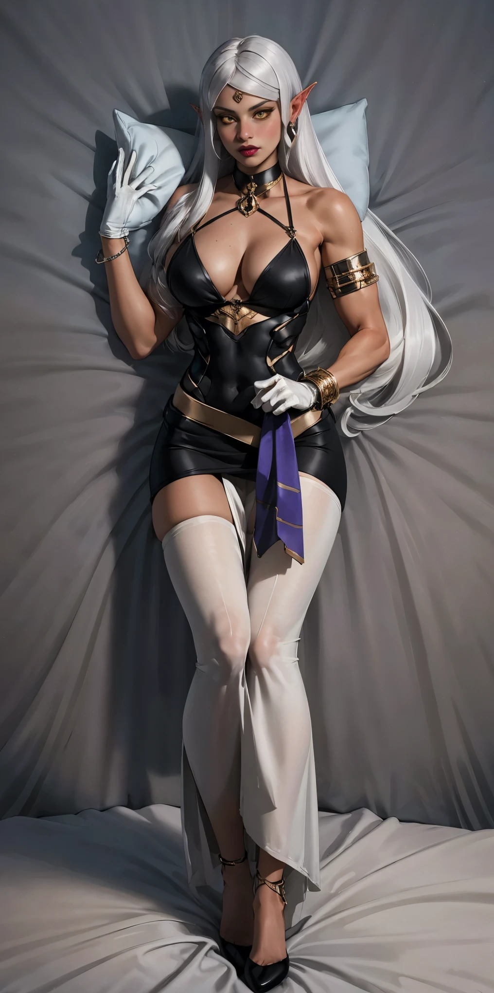 full body standing straight bareoot, long hair, triplets, holding hands on bed, sleeping together, superheroine micro bikini, SFW girl, CHEST COVER, super sexy. best quality, realistic photo, cowboy shot, bedroom background, bed, sheet, pillow (Lysithea von Ordelia) (yellow eyes) white hair, silver hair, very long hair, straight hair, solo, adult woman, tall, slightly muscular, large breasted, cleavage, constricted waist, toned body, slight abs, thin dark skin, pointy ears, lipstick, makeup, black eyeshadow, circlet, white short dress, jewelry, bracelet, white gloves