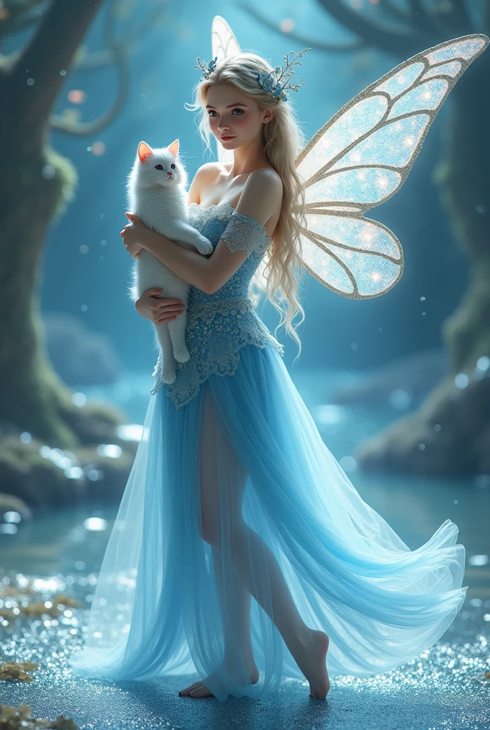A wears a lacy blue dress with shining fairy wings, holding a fluffy white cat. They walk on a glittering stage, creating an atmosphere of magic and wonder. Her dress and wings give the impression that she is a fairy from a fairytale world, ready to bring joy and magic.