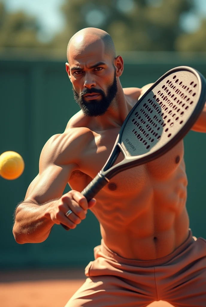 A Latin man, beardless and bald, realistic hitting a padel ball with his paddle, in finishing attitude, with one hand, a medium sized shovel. It is important that you do not have a beard