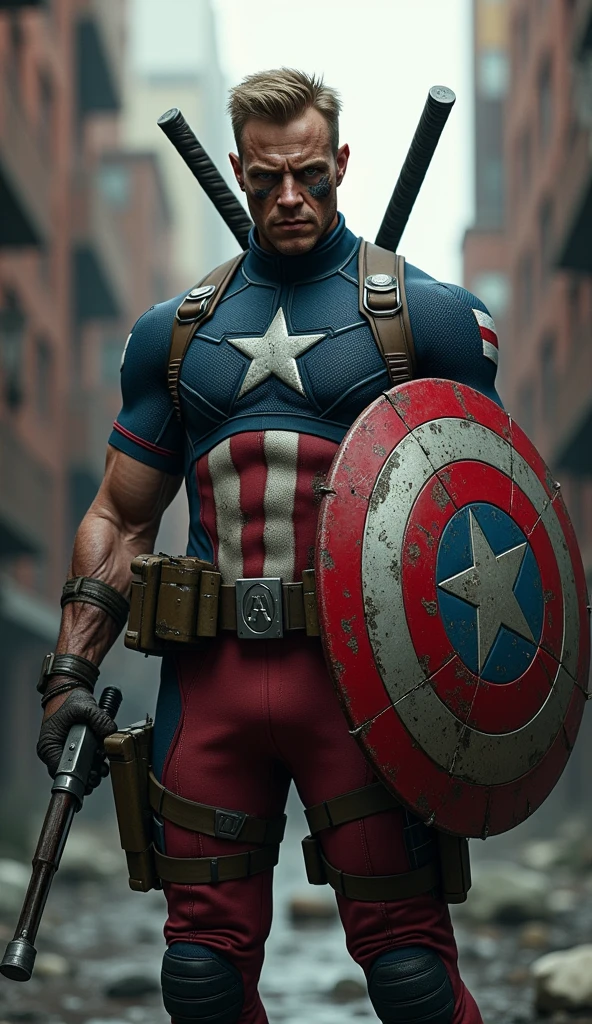  highly detailed, photorealistic image of a superhero. Combine the iconic look of Captain America with the irreverent style of Deadpool. Imagine a soldier with a scarred face, wearing a tattered American flag costume, holding a shield that's half vibranium and half katanas. The background should be a gritty urban environment.
