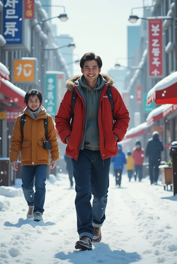 A man walking on the streets of Korea and it's snowing already with a good spirit of a man the two tall Koreans with mullet hair on their backs in the city