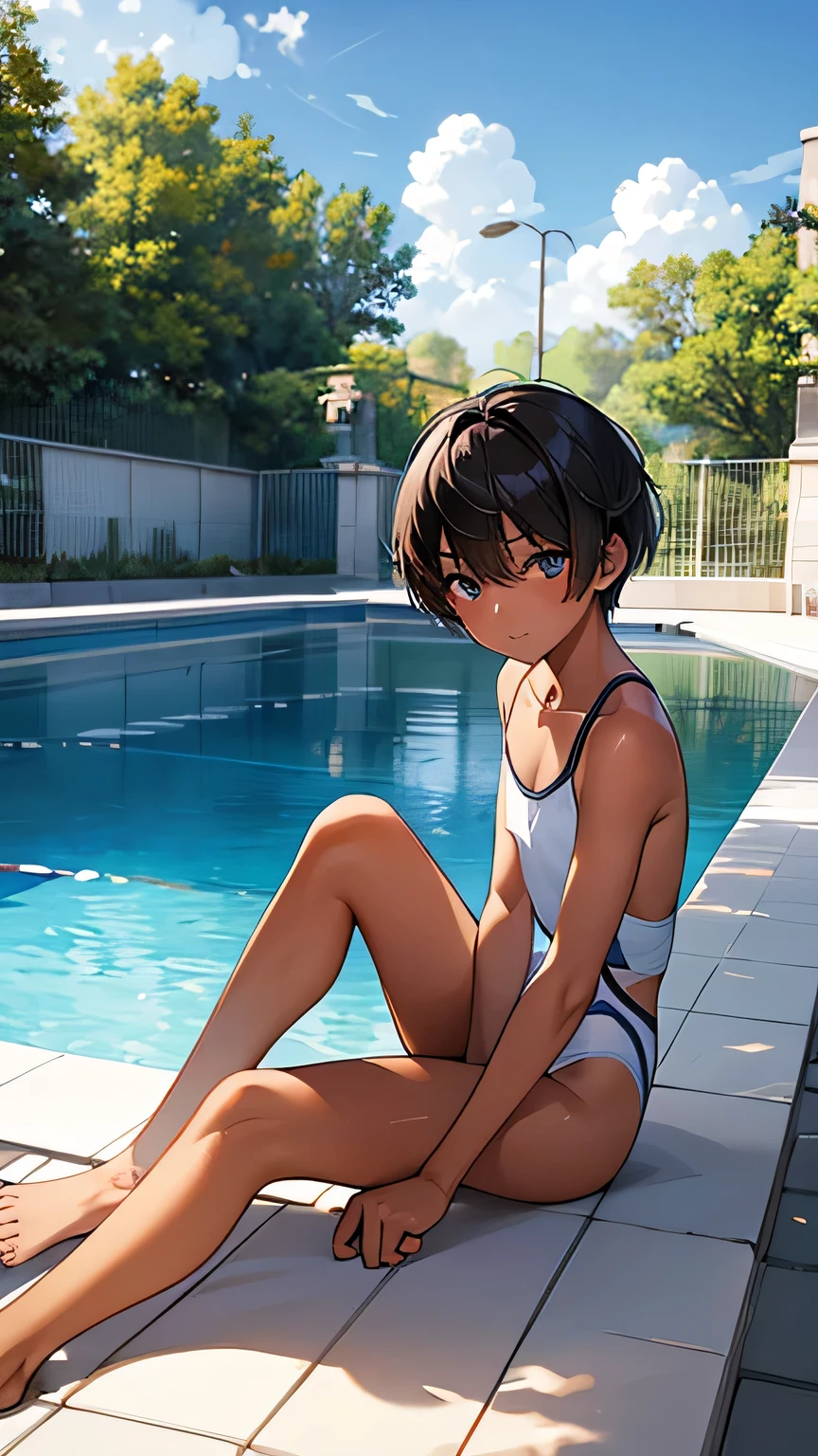 Highest quality、Realistic、、zoom、、man、look up、cute、Light grey eyes、Black Hair、short hair、Tanned brown skin、Dark Skin、Upper body naked、Small swimsuit、Flat Chest、Bust Shot、thin、Pool、Sitting with legs crossed