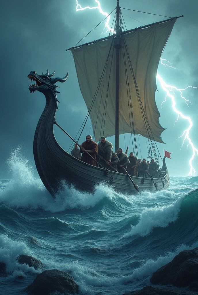 *Amidst the raging fury of a tempestuous sea, a Viking longship battles towering waves and howling winds. The crew, clad in drenched furs and gripping their oars with white-knuckled hands, fights against the relentless storm, their faces etched with determination. Lightning splits the sky, illuminating the dragon-headed prow that slices through the churning waters. The ship creaks and groans under the strain, yet the Vikings press on, their spirits unyielding as they navigate through the heart of the storm, knowing that survival rests on their unwavering courage and the strength of their bonds.*