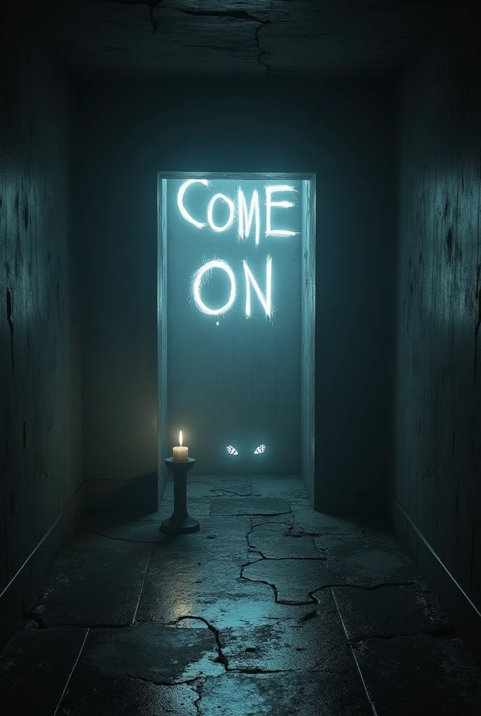 dutch angle, square hole to the basement, "COME ON" painted in white spray paint, some glowing eyes can be seen in the hole, dimly lit room with one candle, 2.5D, delicate and dynamic effects, foggy filter effects, artistic, hyper, graphic CG digital dark horror art